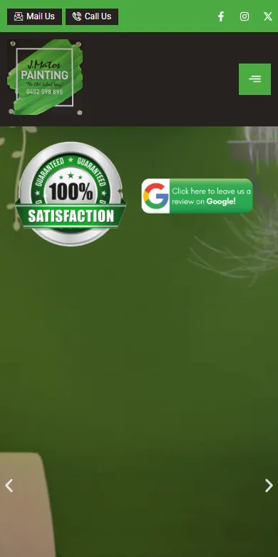 The painter's old site: a busy green banner with badges and no clear next step